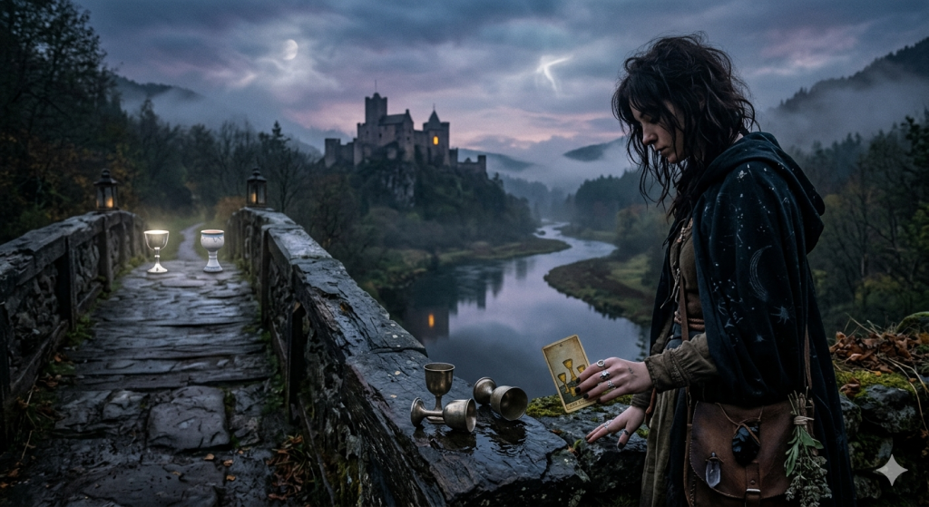 A contemplative witch in a dark, moonlit cloak stands on a stone bridge overlooking a river and a distant castle. In the foreground, three silver chalices lie overturned with spilled liquid, while two cups remain upright on the bridge railing.