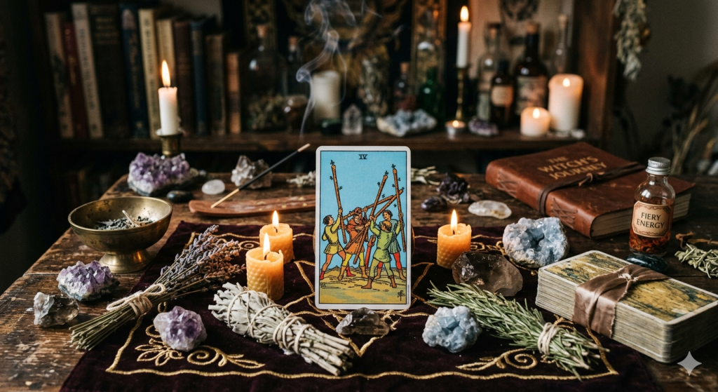 A mystical depiction of the Five of Wands tarot card surrounded by dried herbs and flickering candles on a dark wooden altar.