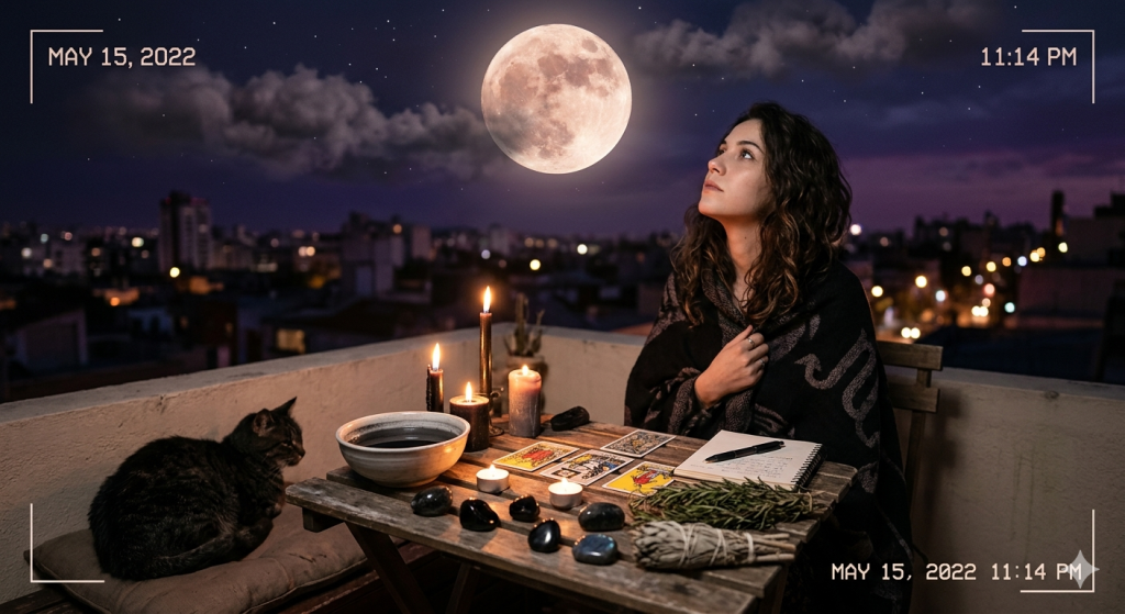 A woman sitting at a wooden table on a city balcony at night under a full moon, featuring tarot cards, candles, a scrying bowl, and a cat.