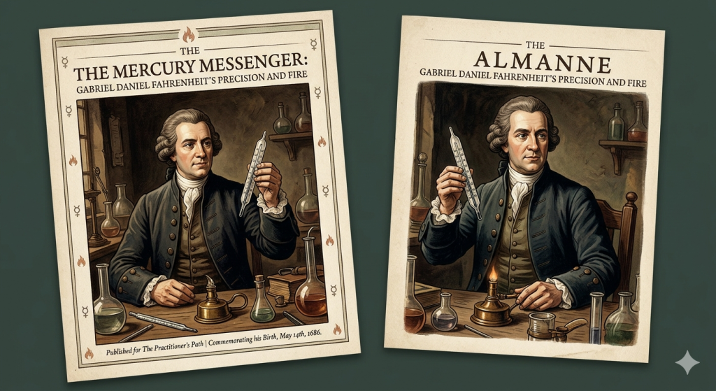 A vintage-style illustration of Gabriel Daniel Fahrenheit in an 18th-century laboratory, holding a mercury thermometer amidst glass flasks and a small flame.