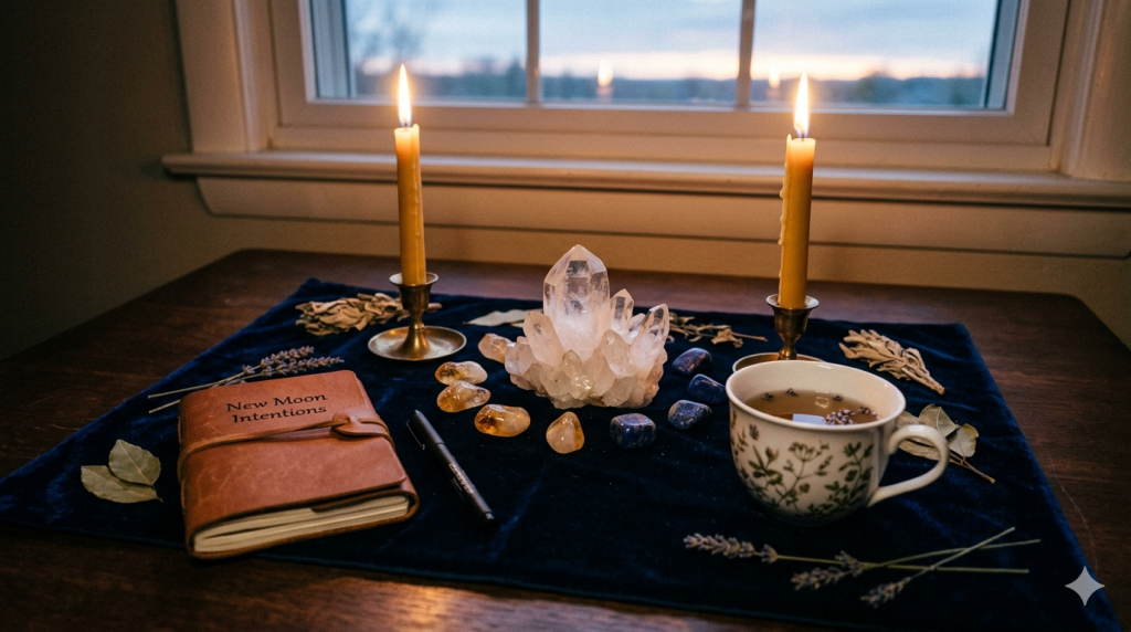 A cozy, witchy New Moon ritual altar setup on a dark blue velvet cloth in front of a window at dawn, featuring two lit beeswax candles, a clear quartz cluster, citrine stones, a leather-bound journal titled "New Moon Intentions," and a floral teacup.