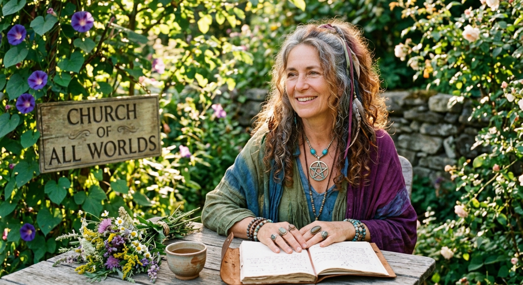 A smiling, bohemian woman with long, curly, graying hair interwoven with feathers and ribbons sits at a rustic wooden table in a garden. She wears a large pentacle necklace, multiple rings, and colorful shawls. In front of her is an open leather-bound journal, a cup of tea, and a wildflower bouquet. A wooden sign reading "CHURCH OF ALL WORLDS" is visible amidst blooming morning glory vines in the background.