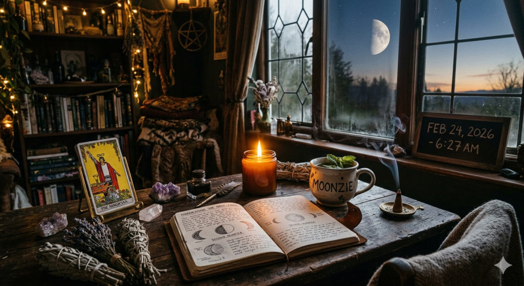 A witch's altar desk at dawn on February 24, 2026, featuring a tarot card, open grimoire, candle, and steaming tea, with a Second Quarter Moon visible through the window.