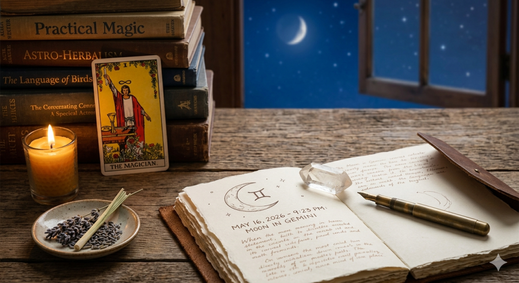 A mystical workspace featuring an open leather-bound journal with handwritten notes about the Moon in Gemini on May 16, 2026. A lit candle, a bowl of lavender and lemongrass, a stack of magical books, and a Magician tarot card sit on a wooden table before an open window showing a crescent moon in a starry night sky.