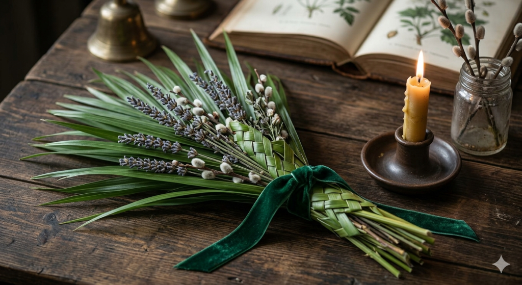 Palm fronds and lavender bundle on a wooden table for Palm Sunday rituals
