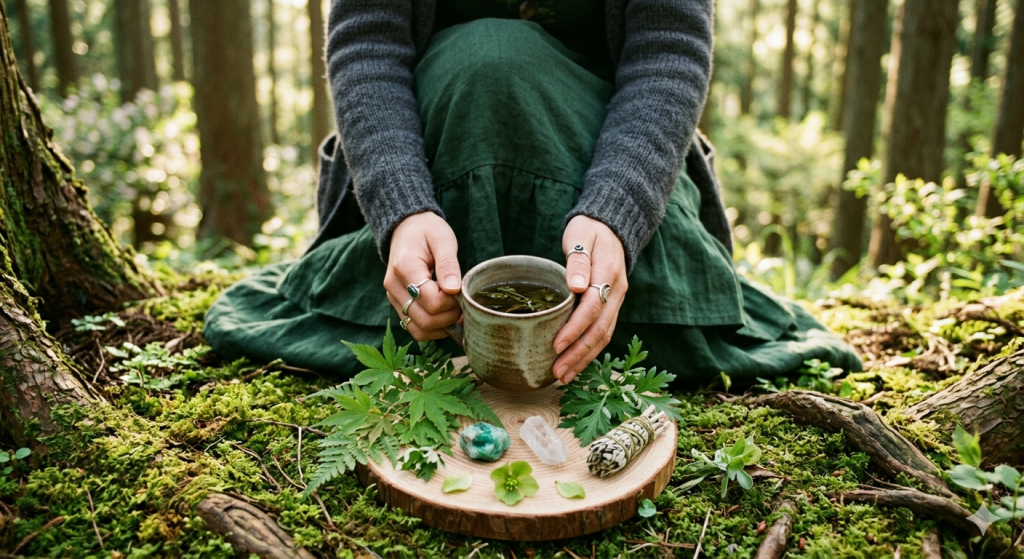 A person in a dark green dress and grey cardigan sits cross-legged on a mossy forest floor, holding a ceramic mug of herbal tea over a small wooden altar containing crystals, a bundle of sage, and fresh leaves.