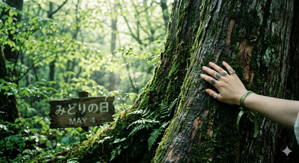 A close-up of a hand with silver and stone rings touching a moss-covered tree trunk in a lush, sun-drenched forest with a wooden sign reading "Greenery Day May 4" in Japanese and English.