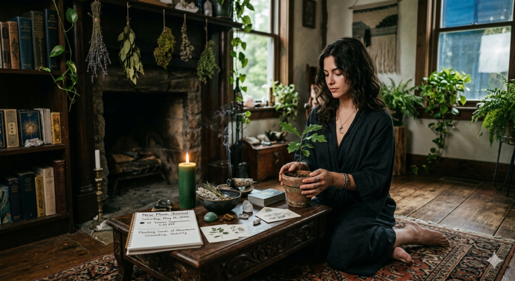 A woman with long dark hair wearing a dark robe sits on a patterned rug in a rustic, plant-filled room. She gently holds a small terracotta pot with a young oak sapling on a wooden coffee table, surrounded by a green candle, crystals, tarot cards, and a journal dated May 16, 2026.