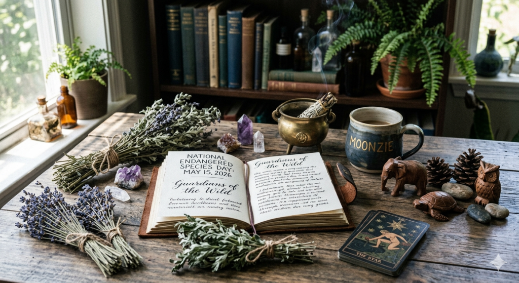 A rustic wooden desk featuring an open leather-bound journal with handwritten notes about National Endangered Species Day, May 15, 2026. Surrounding the book are bundles of dried lavender and sage, various crystals like amethyst and clear quartz, and small wooden carvings of an elephant, sea turtle, and owl. A small brass cauldron with burning incense and a ceramic mug with "Moonzie" written on it are also present.