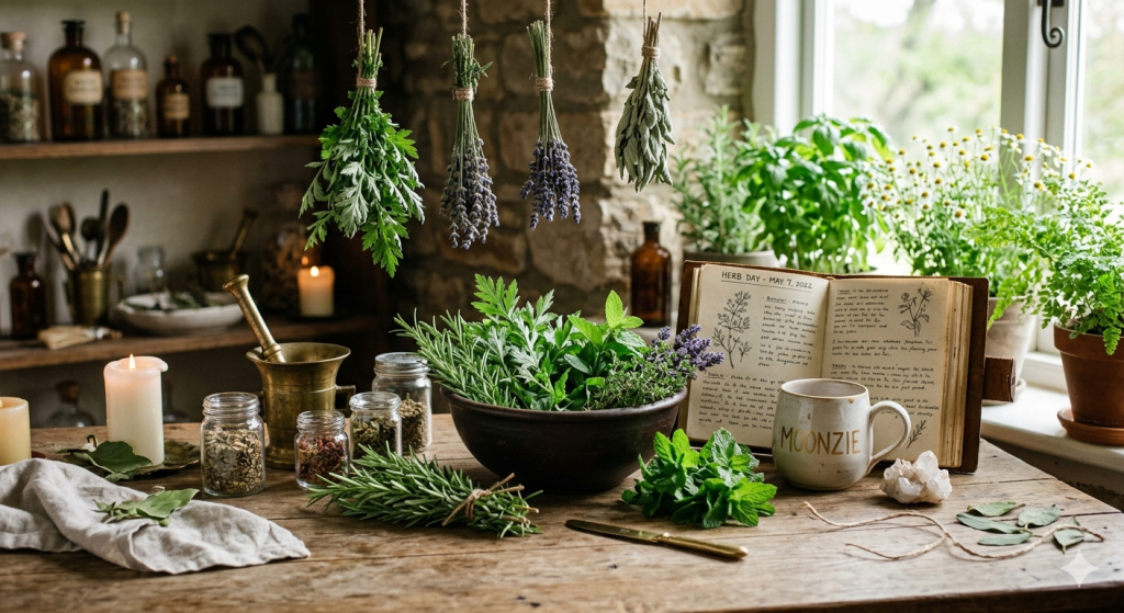 A rustic wooden table filled with fresh herbs like rosemary and mint, hanging bundles of dried lavender, an open vintage journal, a ceramic mug with "Moonzie" on it, and a brass mortar and pestle in a cozy, sunlit kitchen.