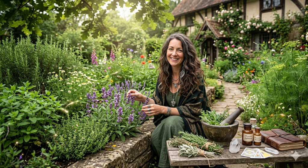 A woman with long wavy hair and a green cloak sits in a lush herb garden filled with lavender, rosemary, and sage. In front of her is a wooden table with a mortar and pestle, bundles of dried herbs, and a leather-bound journal.