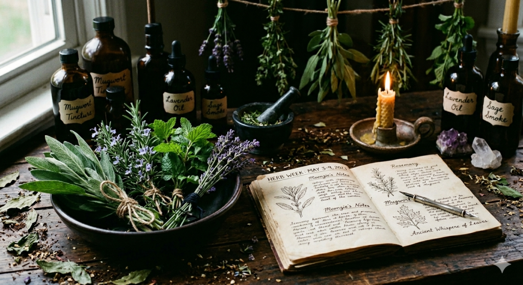 A moody, witchy-themed wooden desk featuring bundles of fresh sage, rosemary, and lavender alongside an open vintage grimoire, apothecary tincture bottles, and a flickering beeswax candle.