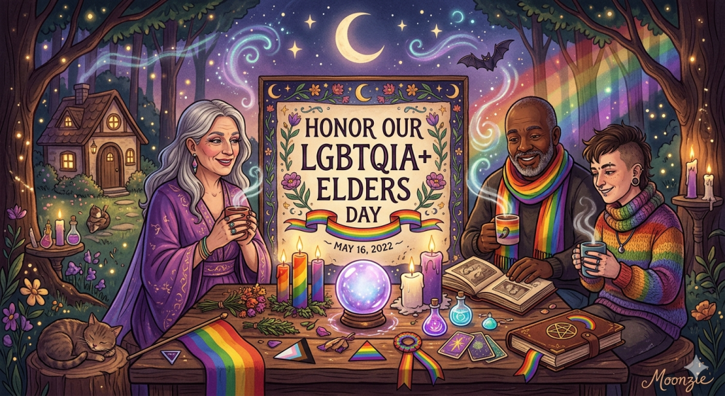 A whimsical, witchy illustration of three diverse LGBTQIA+ people, including two elders, sitting at a wooden table in a magical forest. The table is covered with rainbow candles, a crystal ball, tarot cards, and a grimoire. A central banner reads "Honor Our LGBTQIA+ Elders Day - May 16, 2022" under a crescent moon.