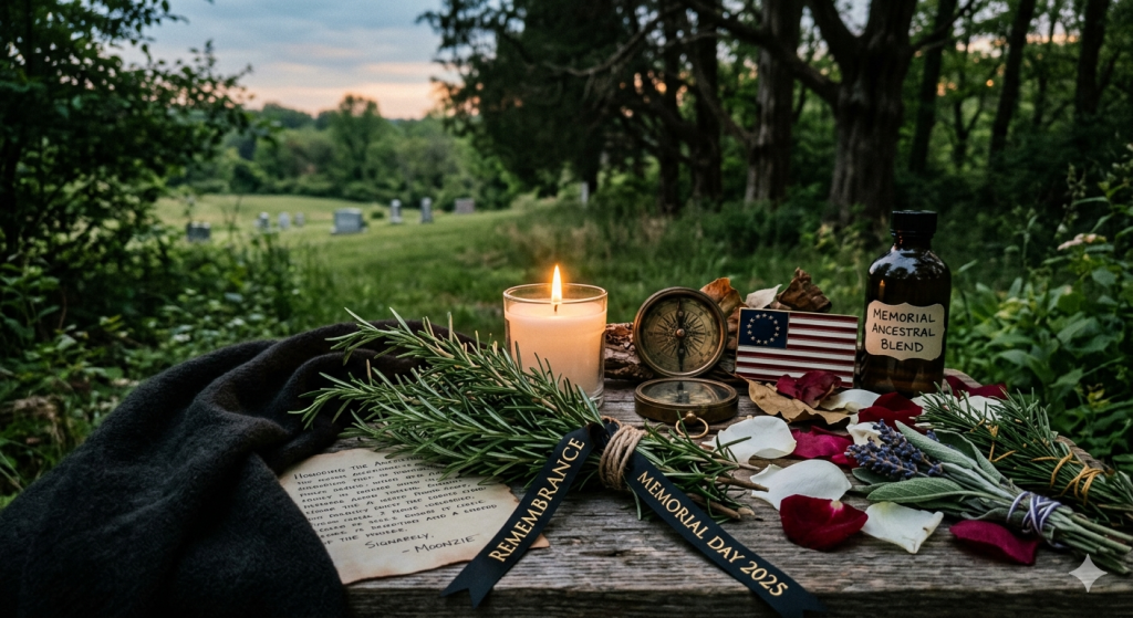 A witchy Memorial Day altar set on an weathered wooden table outdoors at dusk. A single lit white candle in a glass jar illuminates a large bundle of fresh rosemary tied with black ribbons reading "REMEMBRANCE" and "MEMORIAL DAY 2025". Next to it lies a handwritten letter signed "- MOONZIE", an antique brass compass, a small historic US flag, a brown apothecary bottle labeled "Memorial Ancestral Blend", and loose red and white flower petals, with a serene cemetery and green trees visible in the soft-focused background.