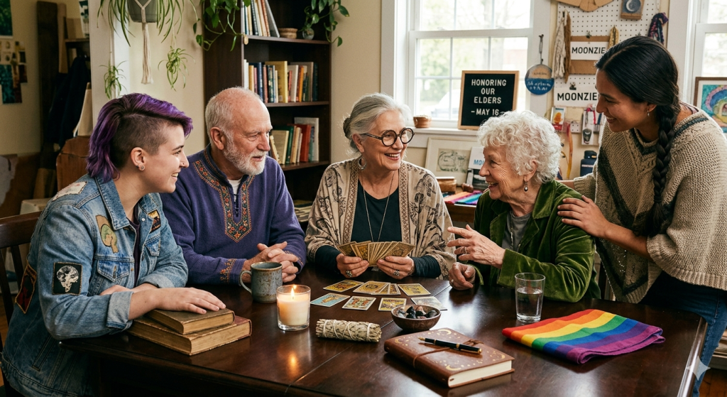 A diverse group of young and elderly LGBT individuals gathered around a wooden table in a cozy room, sharing stories and looking at tarot cards together.