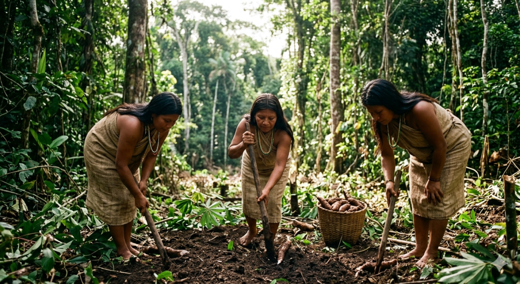 Three Indigenous women in traditional clothing working the soil and planting crops in a cleared patch of a dense South American rainforest.