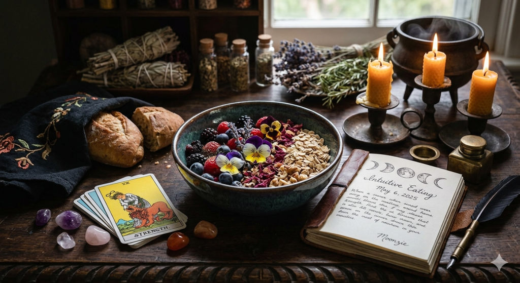 A dark wooden table filled with witchy elements like a tarot card, crystals, and herbs, centered around a vibrant ceramic bowl of oatmeal topped with berries and edible flowers. An open leather journal shows the date May 6, 2025.