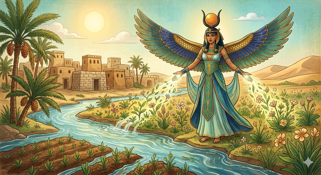 An illustration of the Egyptian goddess Isis with large feathered wings standing by the Nile River as she magically causes plants and flowers to sprout and grow.