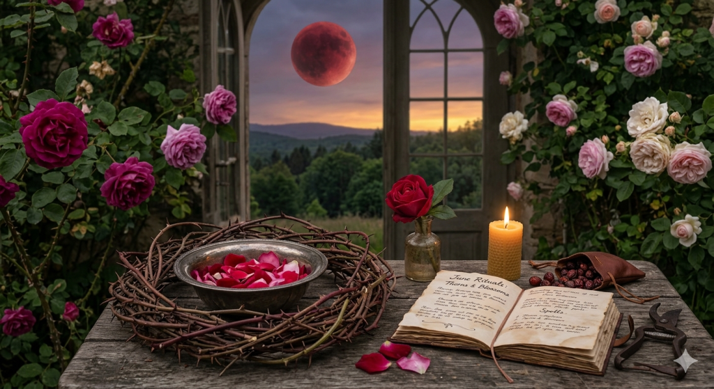 A rustic wooden table features an open leather-bound grimoire, a lit beeswax candle, and a silver bowl filled with pink rose petals surrounded by a thick wreath of sharp thorns. In the background, an open stone archway framed by climbing rose bushes looks out onto a twilight forest landscape under a dramatic red blood moon.