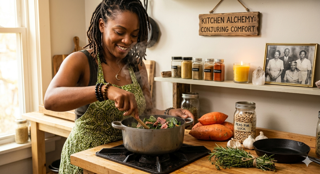 A smiling Black woman with locs stirs a steaming pot of collard greens on a rustic wooden countertop, surrounded by sweet potatoes, black-eyed peas, fresh rosemary, a cast-iron skillet, and ancestral photos.