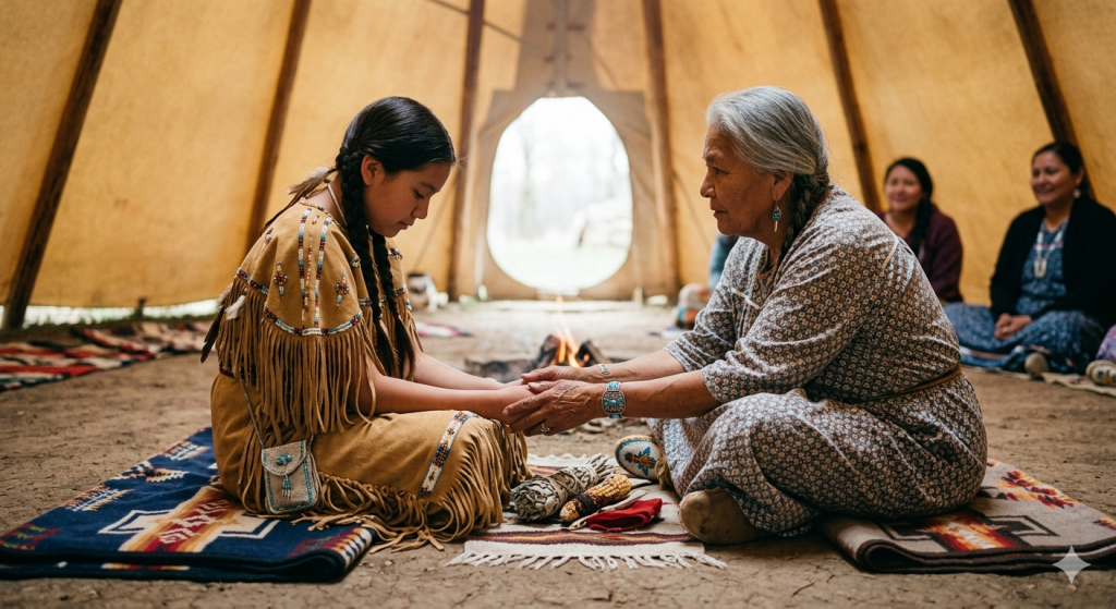 A young Indigenous girl and an elder woman sit facing each other inside a traditional teepee, holding hands during a sacred initiation rite.