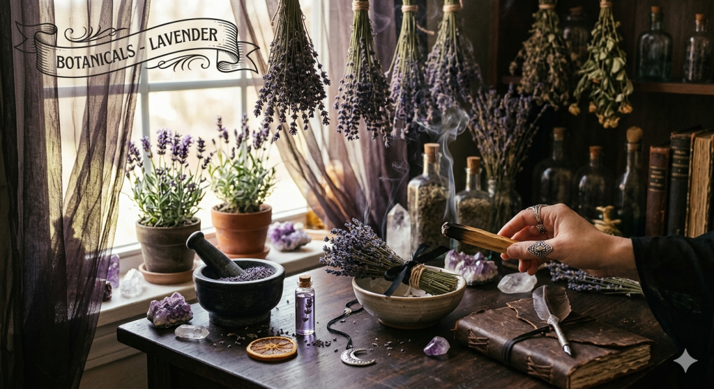 A witch's wooden workspace featuring hanging dried lavender, amethyst crystals, a mortar and pestle, and a hand holding a smoking bundle over an open leather journal.