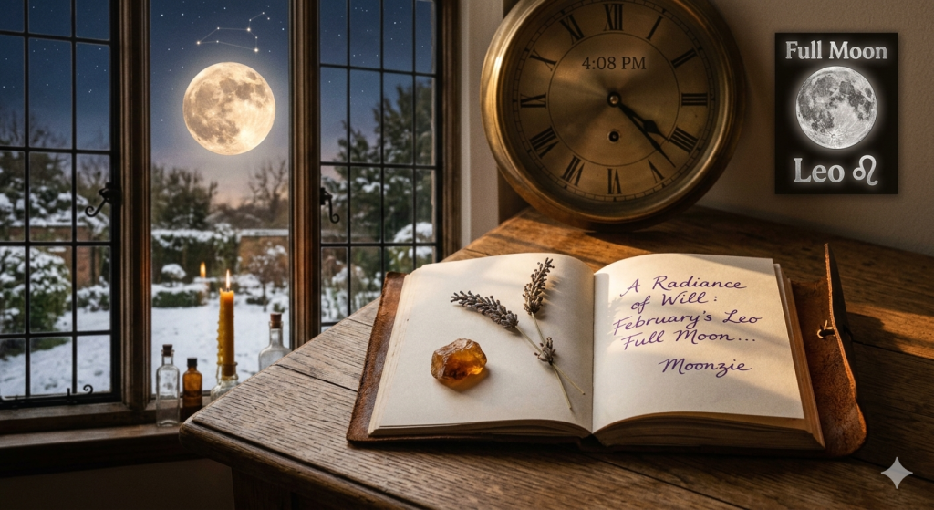 A cozy winter scene with an open journal on a wooden desk, a view of a bright full moon through a window, and a clock set to 4:08 PM.