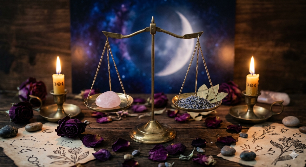 A set of vintage brass scales centered on a wooden table, balancing a rose quartz crystal on one side and dried lavender and bay leaves on the other, set against a backdrop of a crescent moon in a starry nebula.