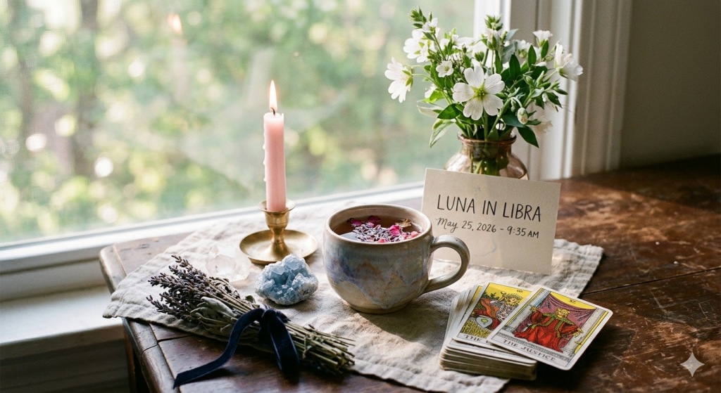 A cozy, serene witchy altar scene on a wooden table next to a window. The setup includes a lit pink taper candle, a mug of herbal tea with rose petals, a small vase of white flowers, dried lavender, crystals, a tarot deck with the Justice card showing, and a handwritten note card that reads 'LUNA IN LIBRA, May 25, 2026 - 9:35 AM'.