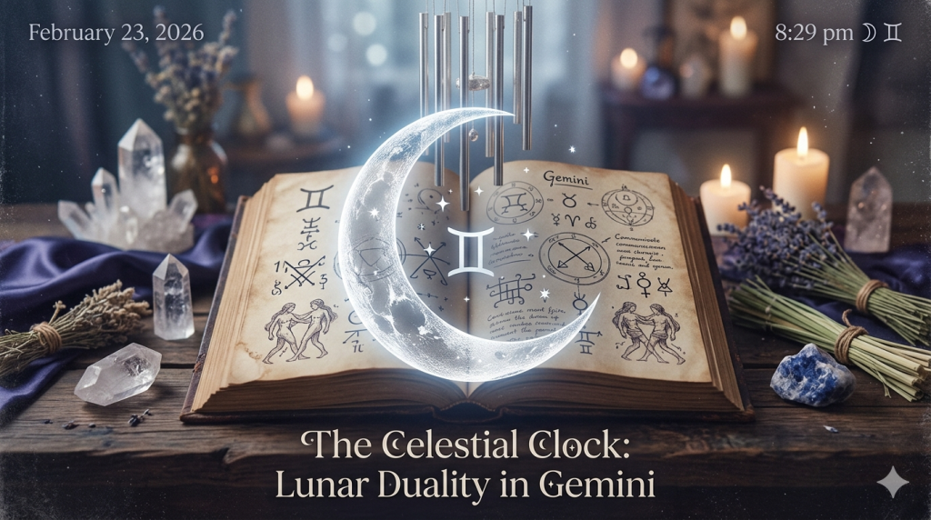 An antique book open to pages featuring Gemini astrology symbols and illustrations, with a glowing crescent moon and wind chimes superimposed over it, sitting on a wooden table with crystals and lavender bundles.