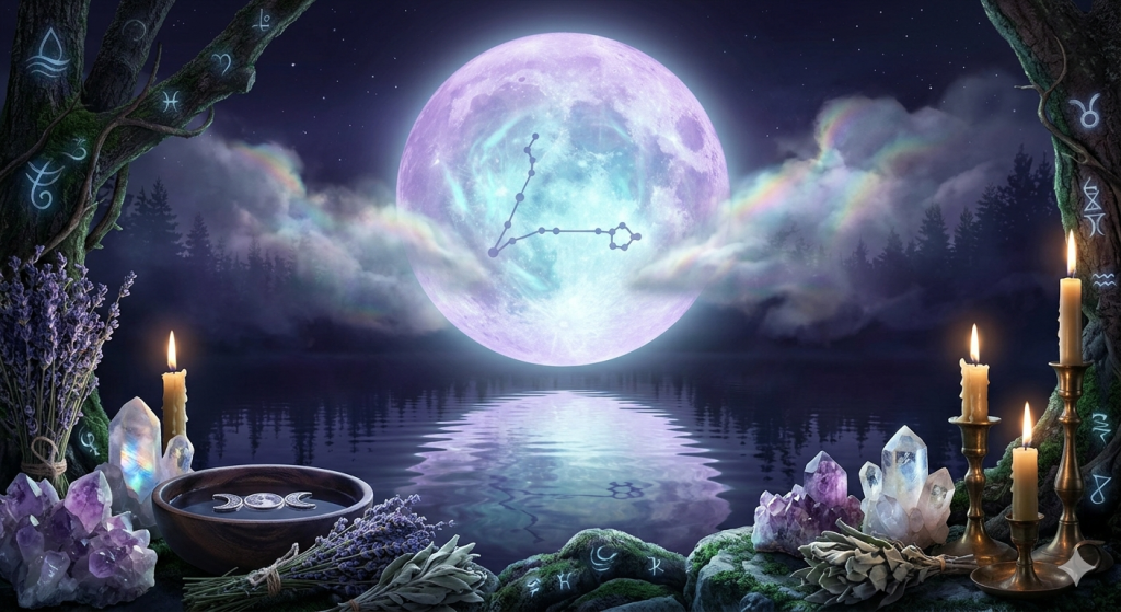 A large, ethereal purple moon with the Pisces constellation superimposed on its surface, glowing over a dark, reflective lake at night. The foreground features a witchy altar with crystals, a scrying bowl, bundles of dried lavender and sage, and flickering candles.