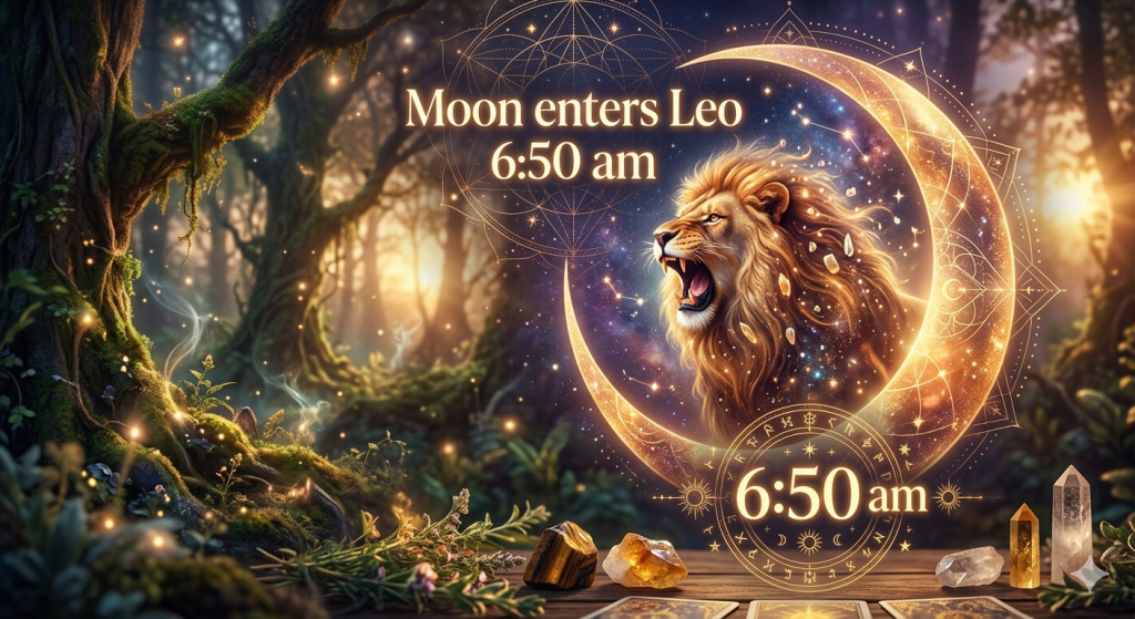 A mystical digital illustration featuring a roaring lion's head integrated into a glowing crescent moon, set against a magical forest background with "Moon enters Leo 6:50 am" text.