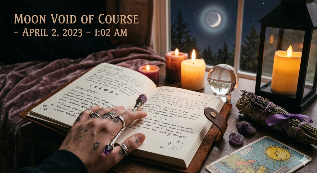 A moody, witchy desk scene featuring a hand with celestial tattoos resting on an open grimoire, surrounded by crystals, tarot cards, and glowing candles, with a hazy moon visible through a window.