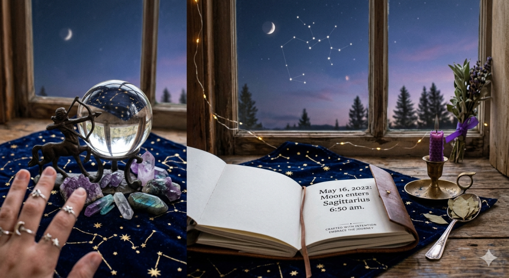 A witchy altar setup by a window featuring a leather-bound journal that reads "May 16, 2022: Moon enters Sagittarius 6:50 am," a crystal ball with a centaur statue, amethyst crystals, a purple candle, and dried bay leaves against a starry twilight sky with the Sagittarius constellation.