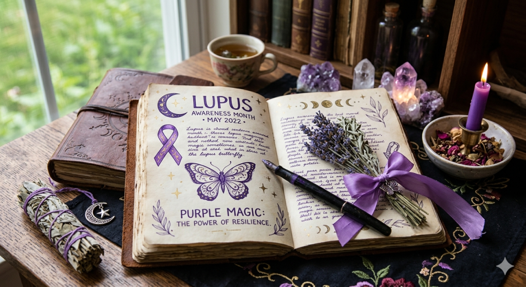 An open, vintage grimoire on a wooden desk featuring hand-drawn illustrations of a purple lupus awareness ribbon, a butterfly, and moon phases. The pages are surrounded by dried lavender, amethyst crystals, a lit purple candle, and a fountain pen, creating a mystical and supportive atmosphere.