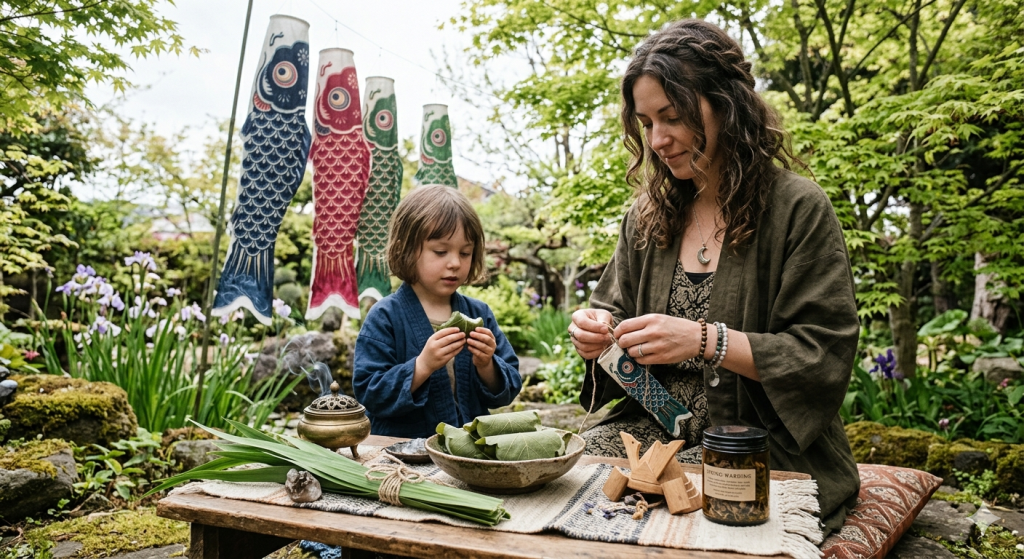 A woman with a moon necklace and a young child sitting in a lush Japanese garden with koinobori streamers and ritual items for Children's Day.