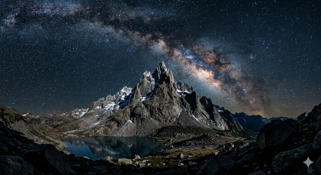 A high-contrast, wide-angle photograph of a rugged, sharp mountain peak beneath a vibrant night sky filled with the Milky Way galaxy, reflecting slightly in a calm alpine lake below.