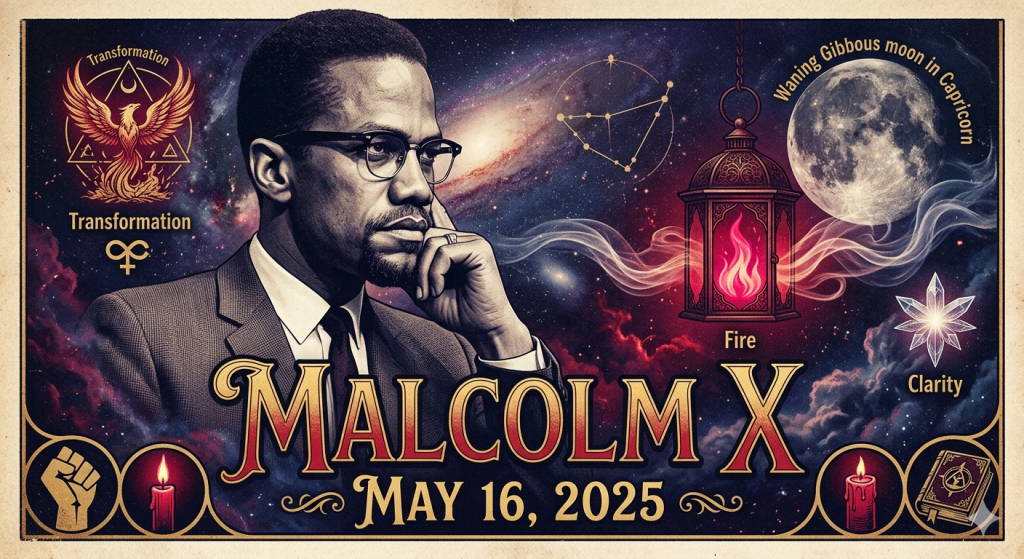 A mystical digital collage featuring a thoughtful portrait of Malcolm X surrounded by a Waning Gibbous moon in Capricorn, a phoenix rising from a transformation sigil, a glowing fire lantern, and a clarity crystal against a cosmic nebula background.