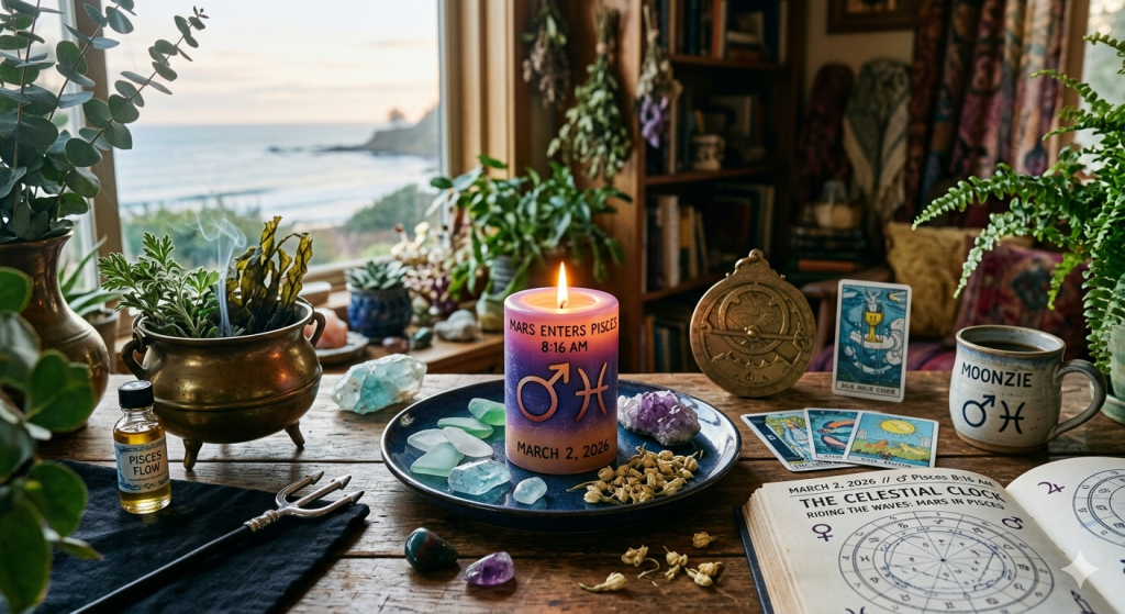 A witchy altar set up by a seaside window, featuring a candle inscribed with "Mars Enters Pisces 8:16 AM March 2, 2026," surrounded by sea glass, crystals, tarot cards, and an open astrological journal.