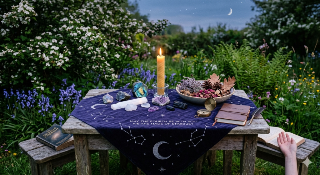 A mystical outdoor garden altar at twilight featuring crystals, a beeswax candle, and a navy cloth embroidered with constellations and the phrase "May the Fourth Be With You."