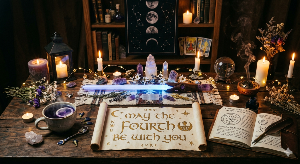 A dark academia style wooden altar featuring a glowing blue crystal sword, a "May the Fourth Be With You" parchment scroll, tarot cards, and astronomical charts.
