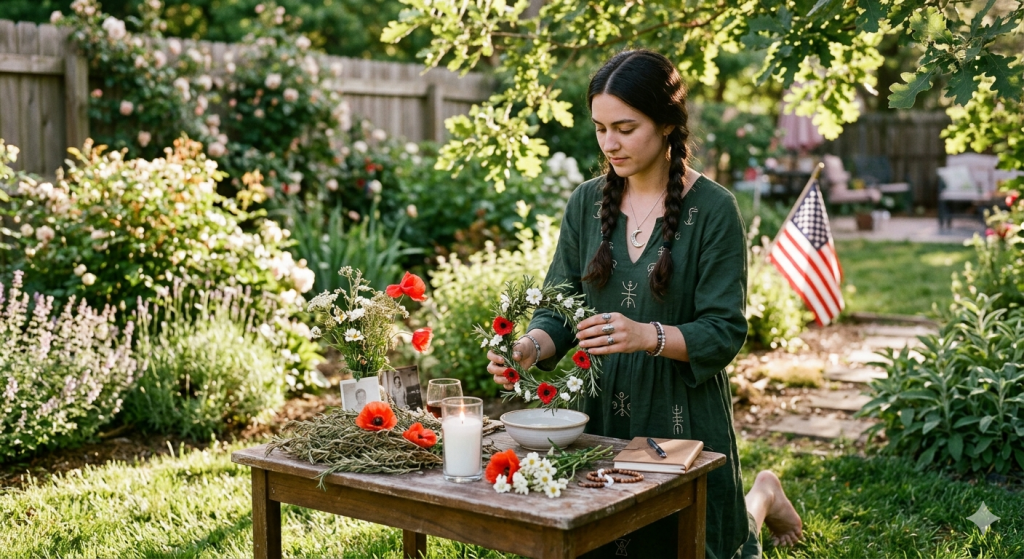 A woman with braided hair and a green dress kneels barefoot in a sunny backyard garden, weaving a wreath of rosemary and red poppies at a wooden ritual table. An American flag is visible in the background.