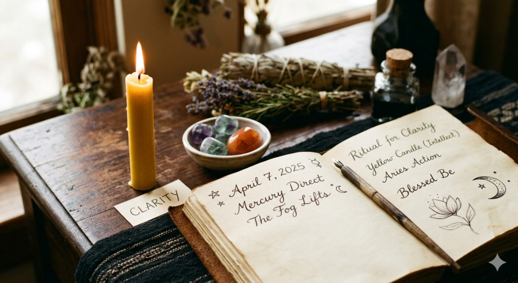 A witchy wooden desk setup featuring a glowing yellow candle, bundles of dried herbs, a bowl of fluorite and carnelian crystals, and an open leather-bound grimoire with handwritten notes about Mercury Direct.