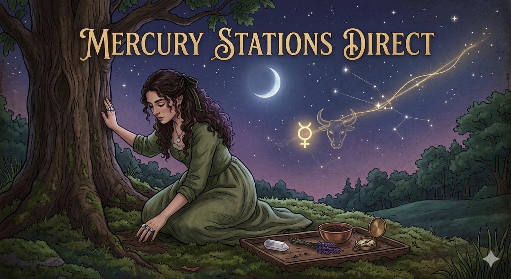 A woman in a green dress kneels by an ancient oak tree under a twilight sky featuring a crescent moon, the Taurus constellation, and the symbol for Mercury.