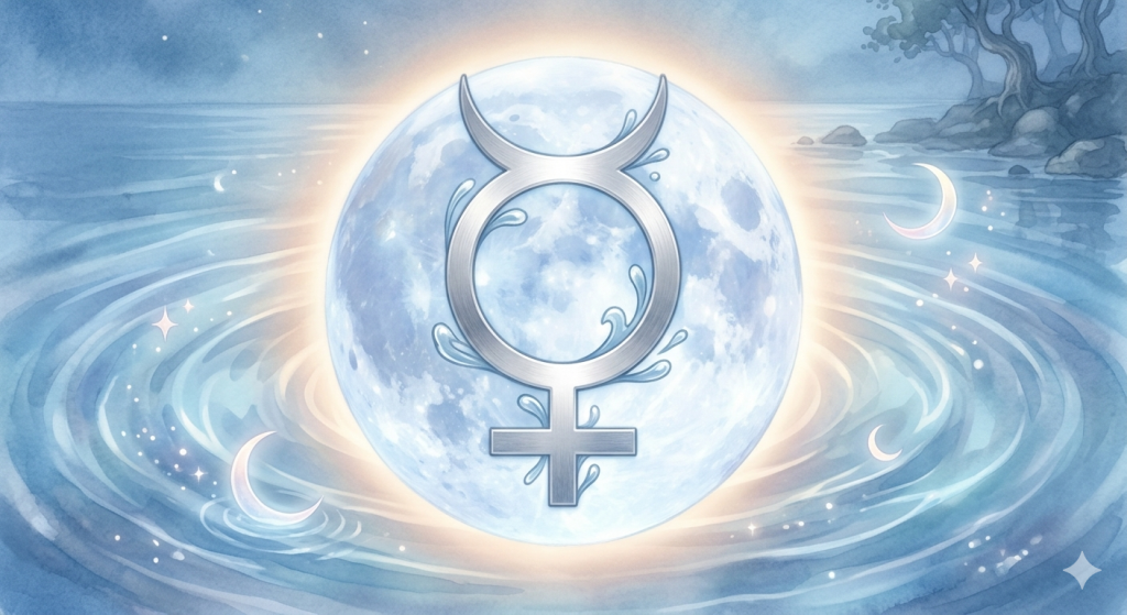A mystical, artistic rendering of a silver Mercury symbol overlaying a luminous, soft-glowing full moon, surrounded by ethereal water ripples.