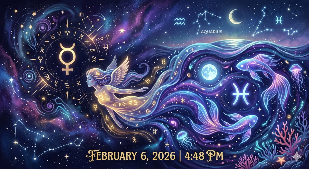 A celestial illustration showing an angelic figure with flowing, glowing garments moving through a cosmic nebula that transitions into an underwater scene with two glowing fish and coral, representing Mercury entering the zodiac sign of Pisces.