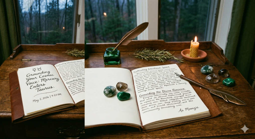An open leather-bound journal resting on a wooden desk near a window, featuring handwritten notes about Mercury entering Taurus, accompanied by a beeswax candle, small crystals, and a feather quill.