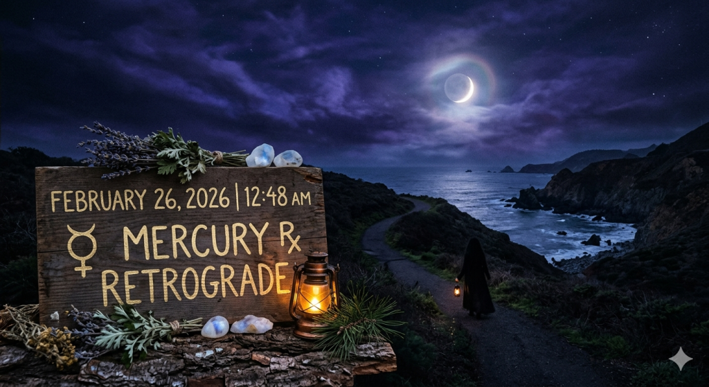 A wooden sign placed on a coastal path at night, illuminated by a lantern, displaying "FEBRUARY 26, 2026 | 12:48 AM" and "MERCURY ☿ RETROGRADE ℞" alongside herbs and crystals, with a figure walking away toward the ocean under a crescent moon.