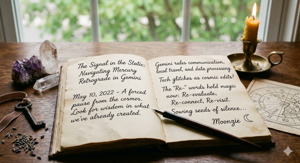 An open antique journal on a wooden desk featuring handwritten notes about Mercury Retrograde, surrounded by an amethyst cluster, dried lavender, an old iron key, a fountain pen, and a lit beeswax candle.