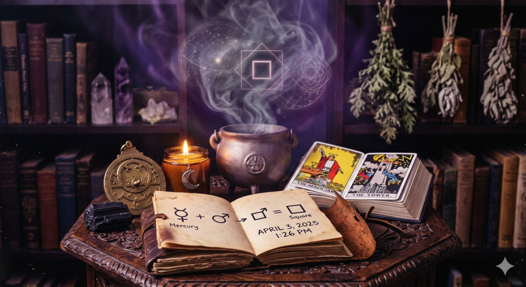 A witchy altar scene featuring an open grimoire with astrological symbols for Mercury and Mars, a steaming cauldron, and tarot cards (The Magician and The Tower) set against a library backdrop.